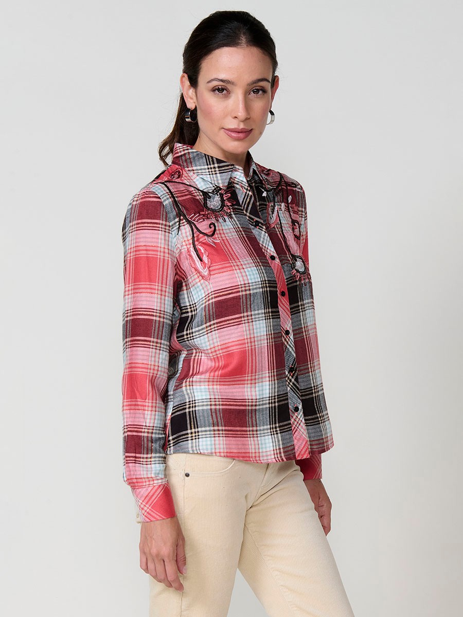 Women’s shirt with check pattern, metallic thread and multicolor floral embroidery.
