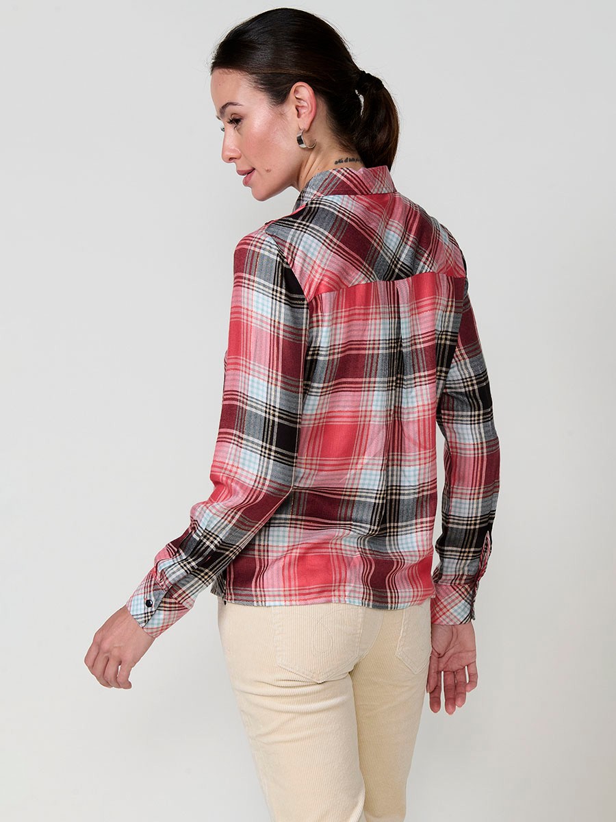 Women’s shirt with check pattern, metallic thread and multicolor floral embroidery.