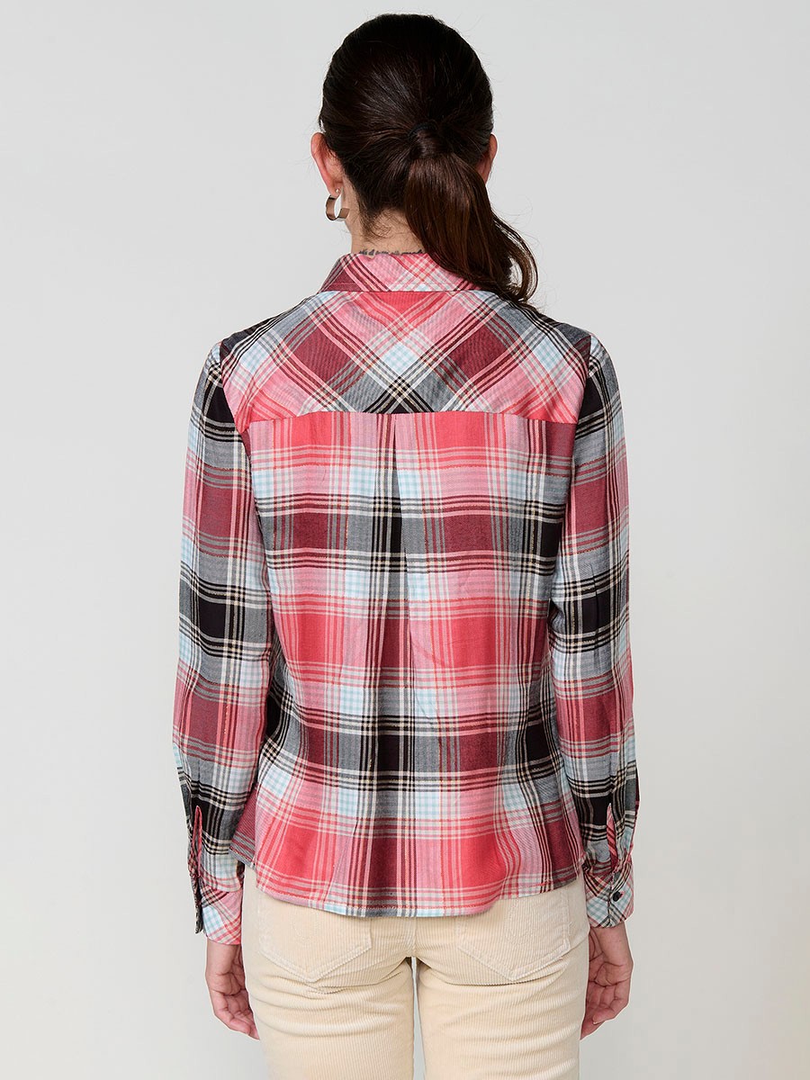 Women’s shirt with check pattern, metallic thread and multicolor floral embroidery.