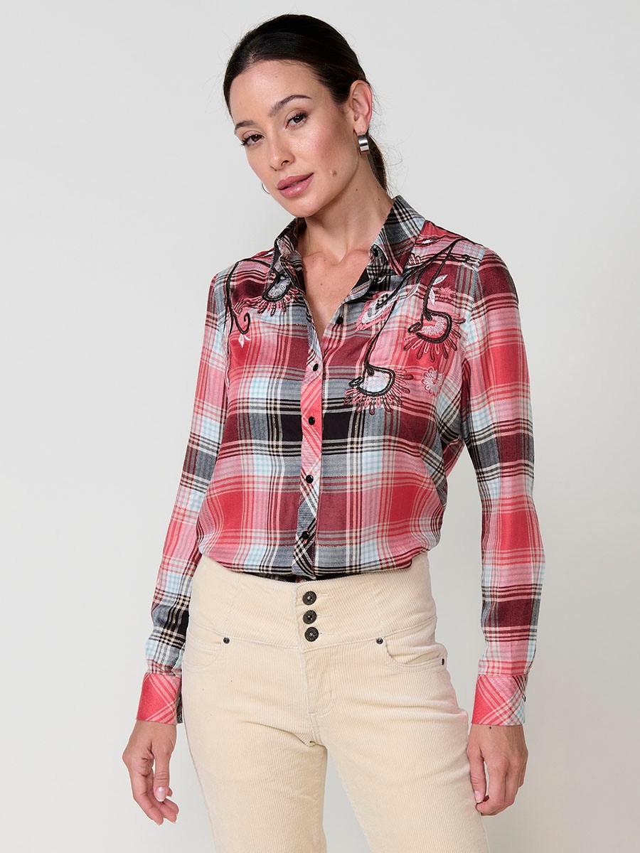 Women’s shirt with check pattern, metallic thread and multicolor floral embroidery.