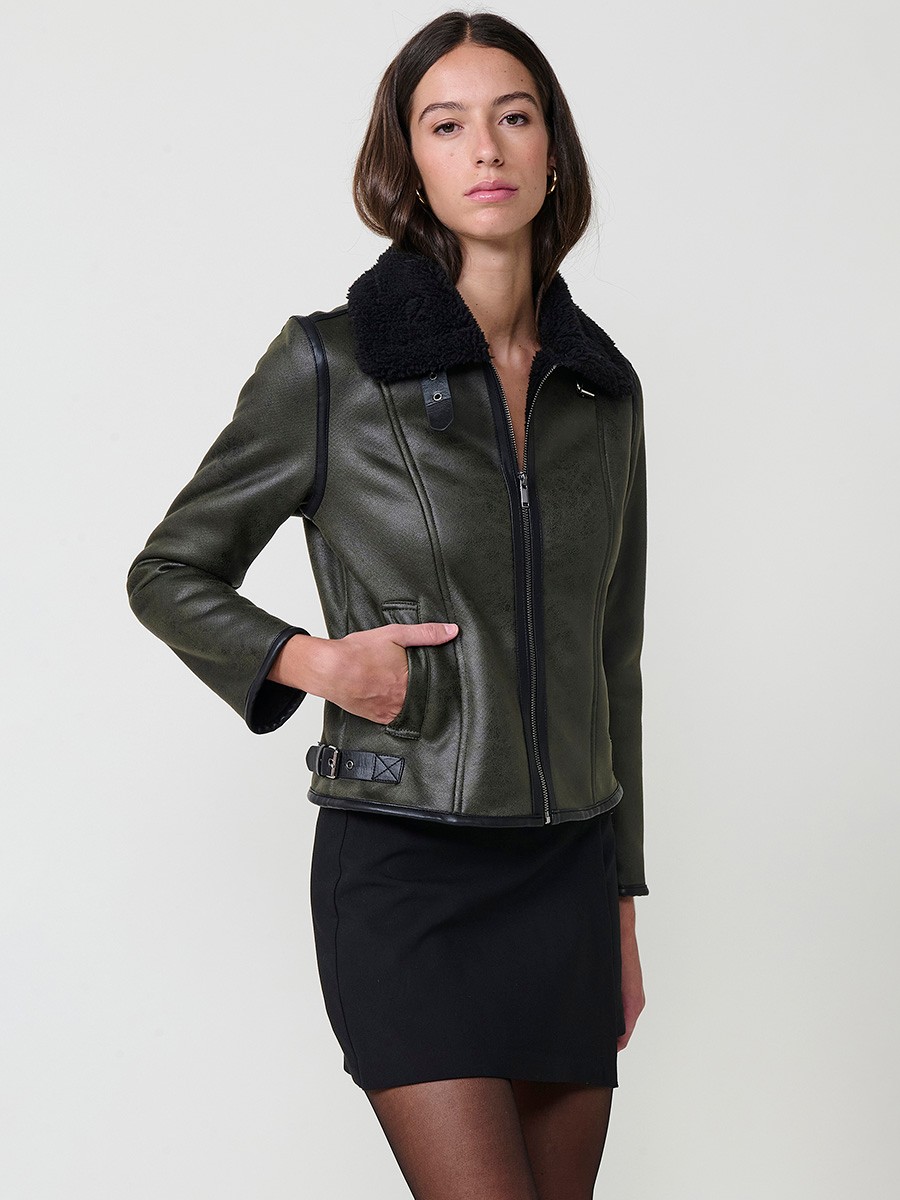Women’s double-sided jacket, faux leather exterior, faux fur interior, metallic zipper and side buckles in khaki.