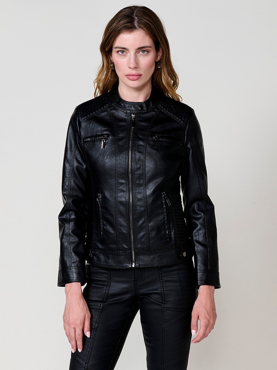 Women’s biker jacket in black faux leather, mao collar, metallic zippers, decorative pockets and quilted stitching details.