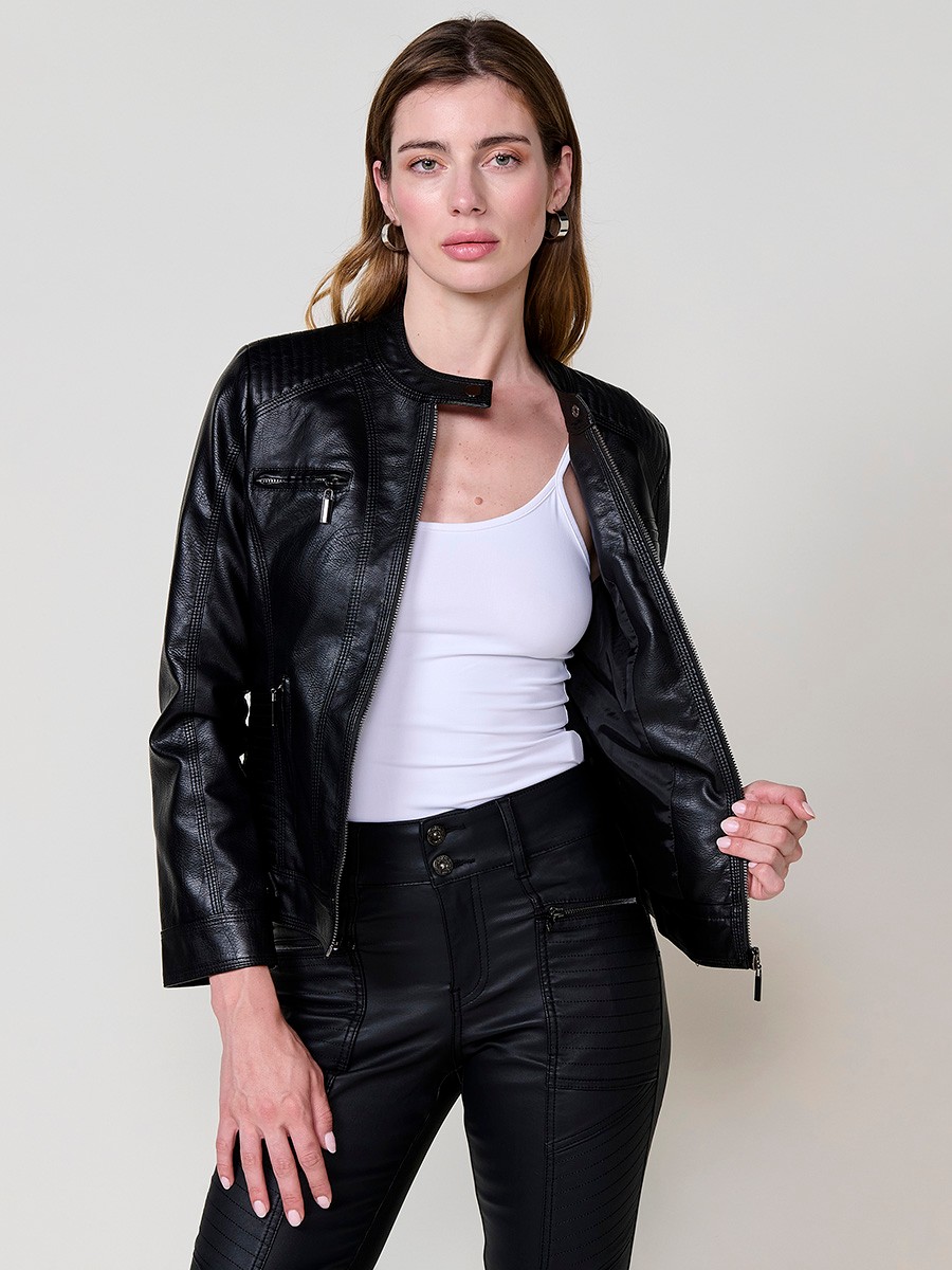 Women’s biker jacket in black faux leather, mao collar, metallic zippers, decorative pockets and quilted stitching details.