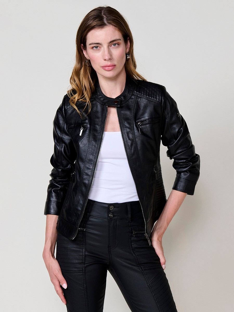Women’s biker jacket in black faux leather, mao collar, metallic zippers, decorative pockets and quilted stitching details.