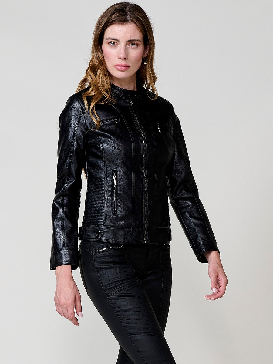 Women’s biker jacket in black faux leather, mao collar, metallic zippers, decorative pockets and quilted stitching details.