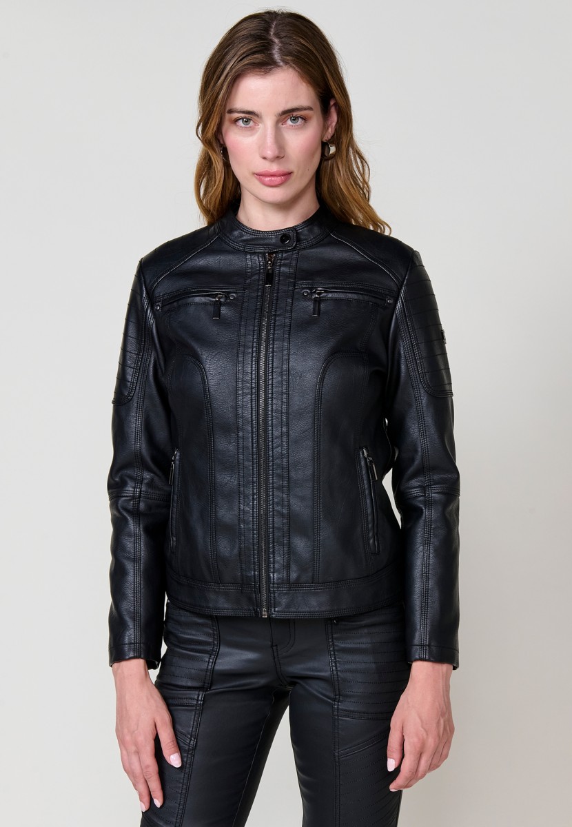 Women's black faux leather biker jacket