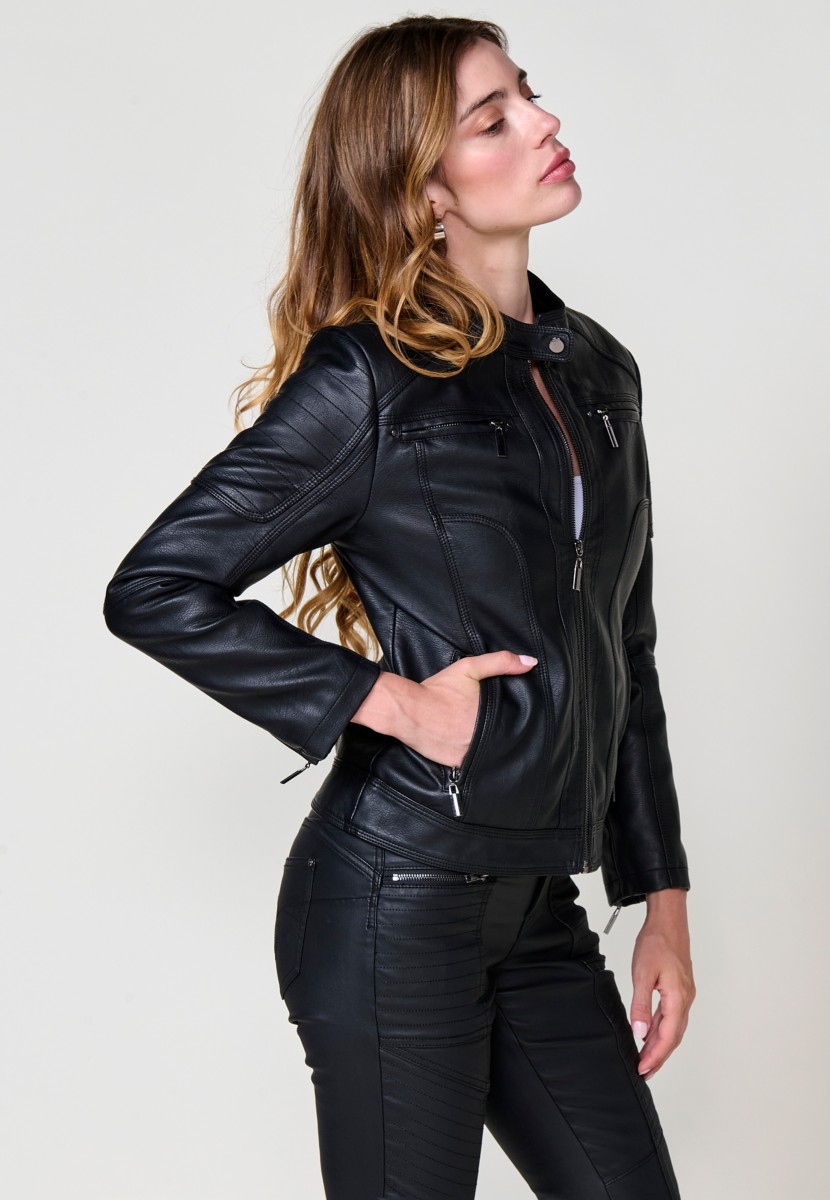 Women's black faux leather biker jacket