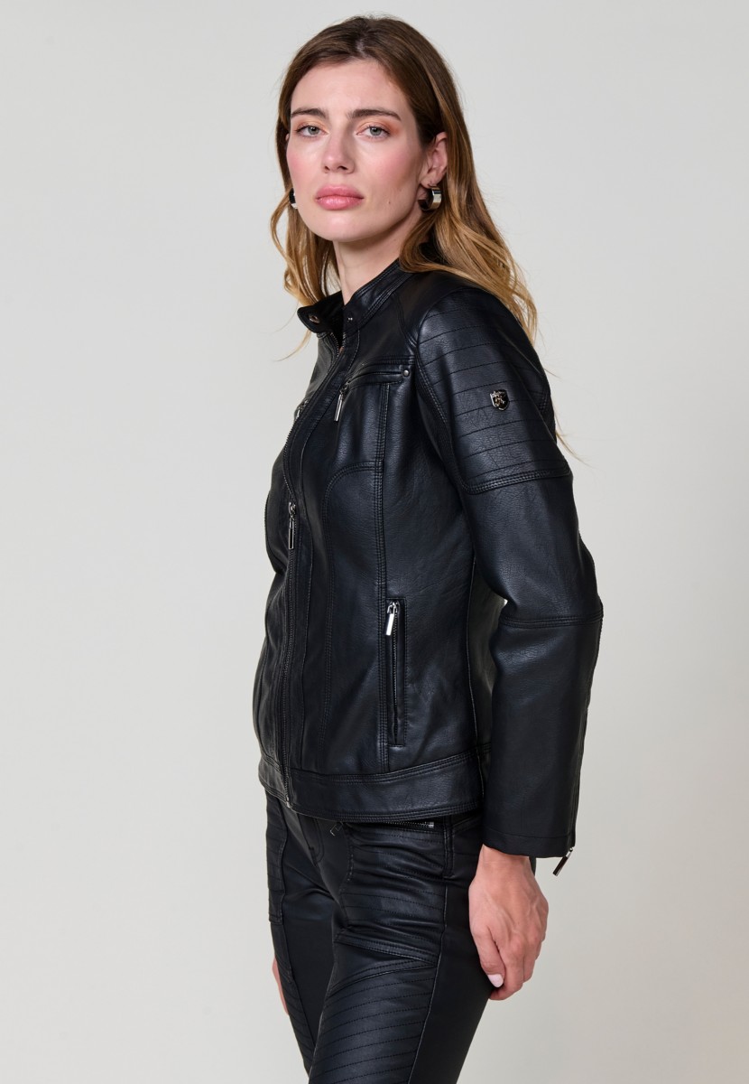 Women's black faux leather biker jacket