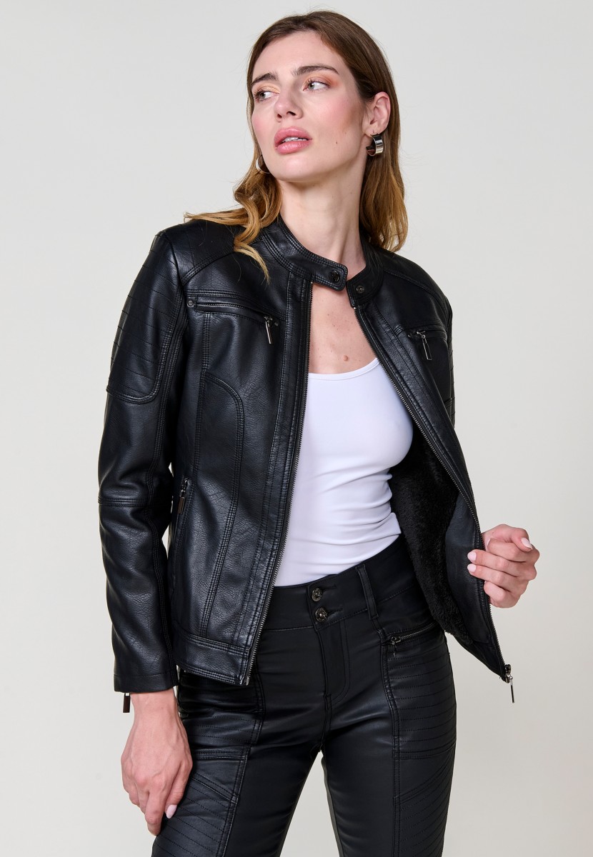 Women's black faux leather biker jacket