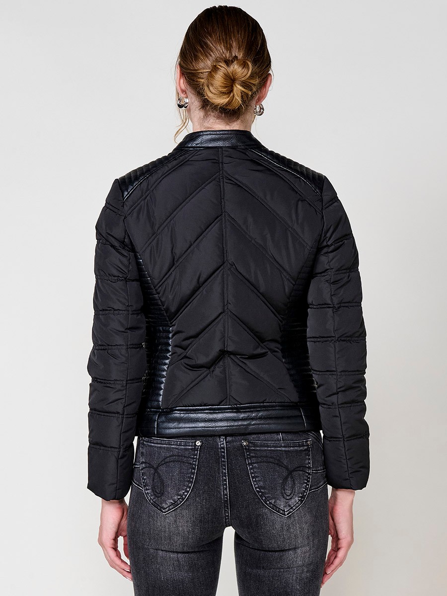 Women’s quilted faux leather biker jacket in black with mao collar, metallic zippers and stitched shoulder details.