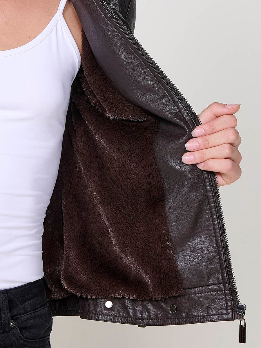 Women’s brown faux leather biker jacket with mao collar, animal embossed back, faux fur body lining and quilted sleeves.