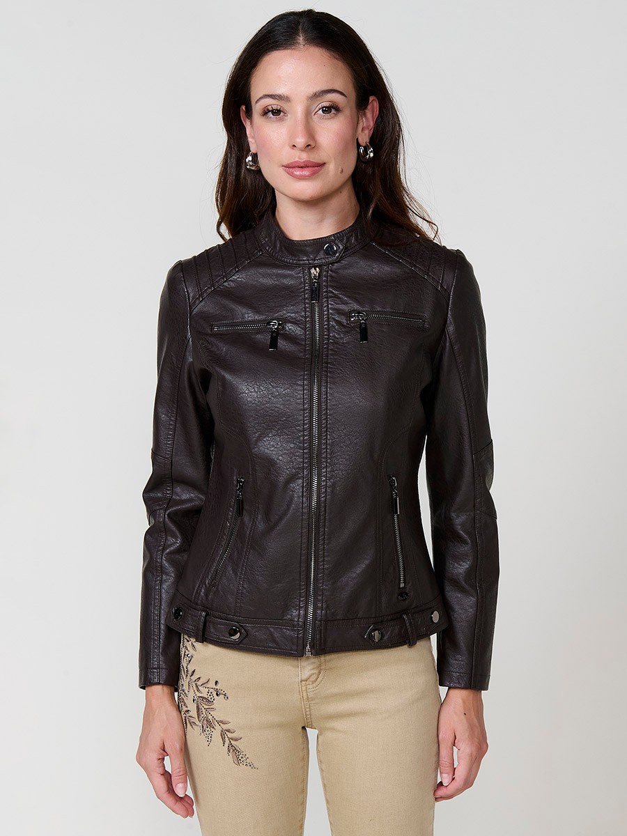 Women’s brown faux leather biker jacket with mao collar, animal embossed back, faux fur body lining and quilted sleeves.