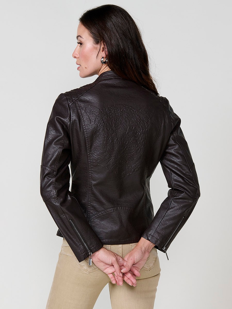 Women’s brown faux leather biker jacket with mao collar, animal embossed back, faux fur body lining and quilted sleeves.