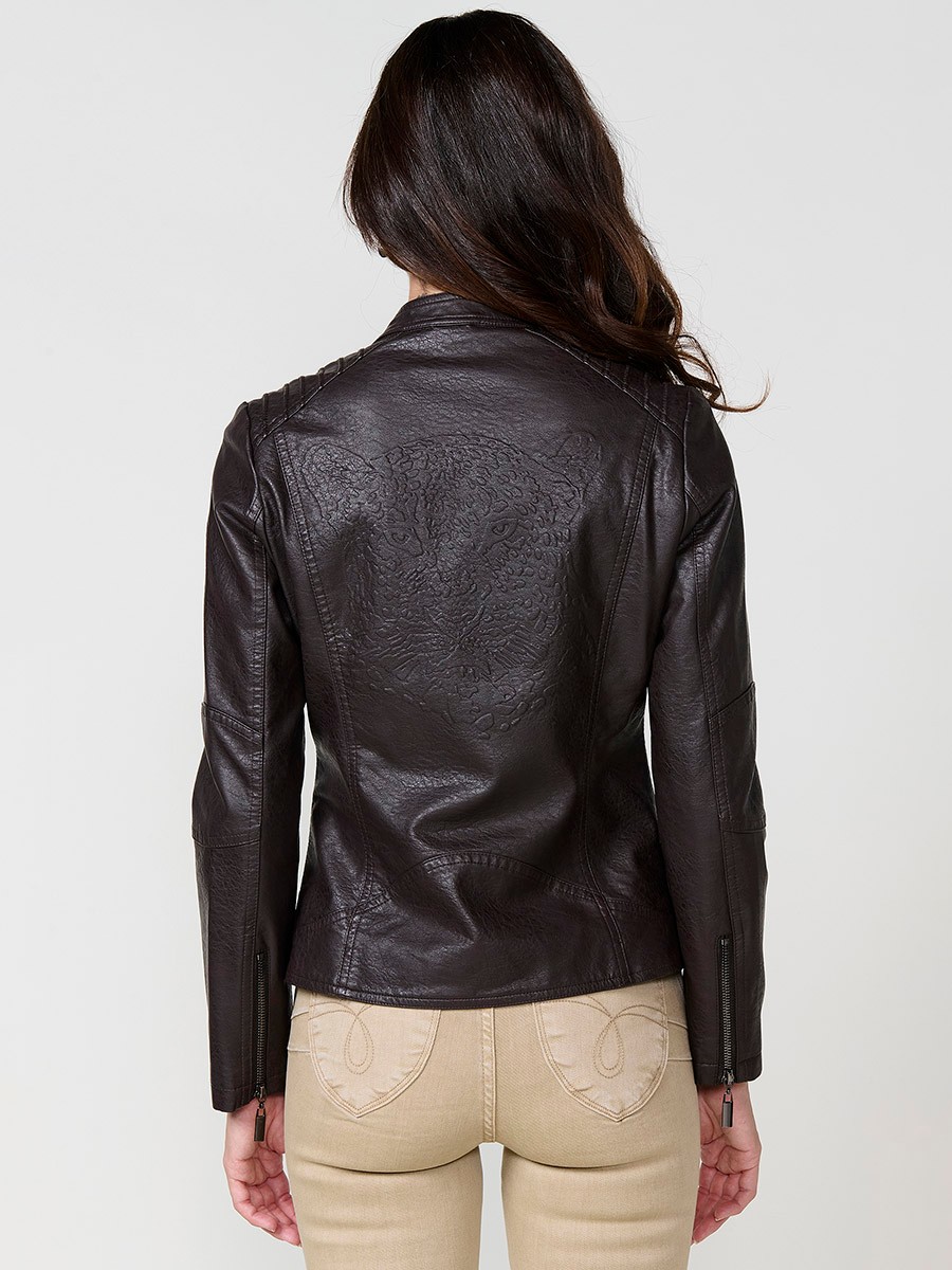 Women’s brown faux leather biker jacket with mao collar, animal embossed back, faux fur body lining and quilted sleeves.