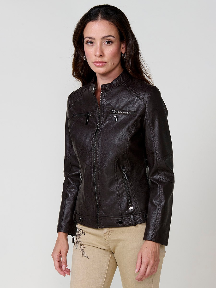 Women’s brown faux leather biker jacket with mao collar, animal embossed back, faux fur body lining and quilted sleeves.