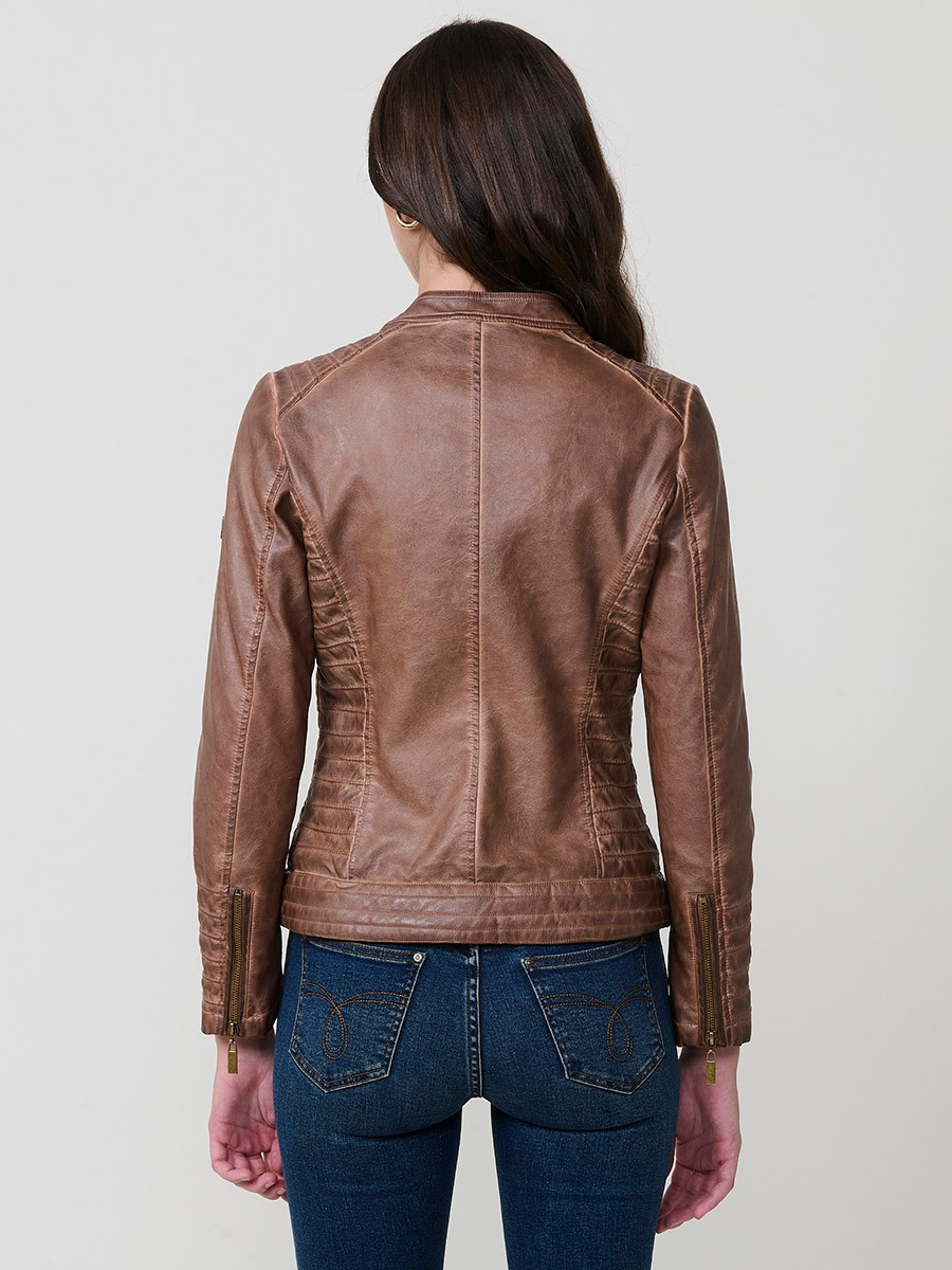 Women’s biker jacket in brown faux leather, mao collar, faux fur lining, quilted sleeves and metallic zippers.