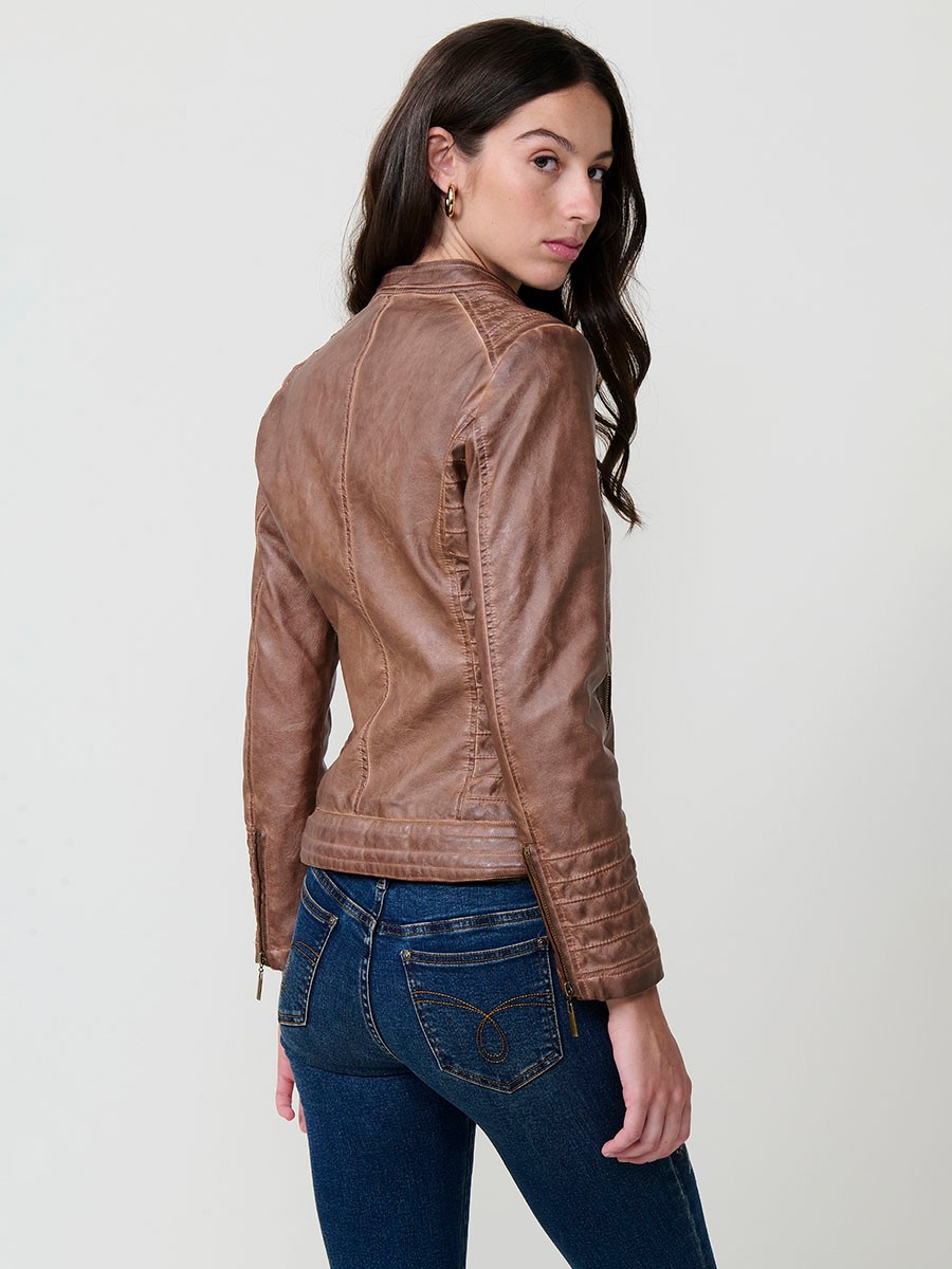 Women’s biker jacket in brown faux leather, mao collar, faux fur lining, quilted sleeves and metallic zippers.