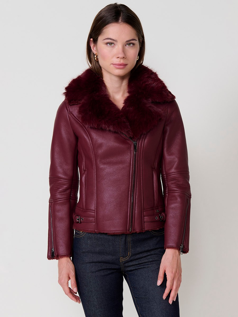Women’s burgundy crossover jacket with detachable faux fur collar, versatile and elegant, made from 100% polyester.