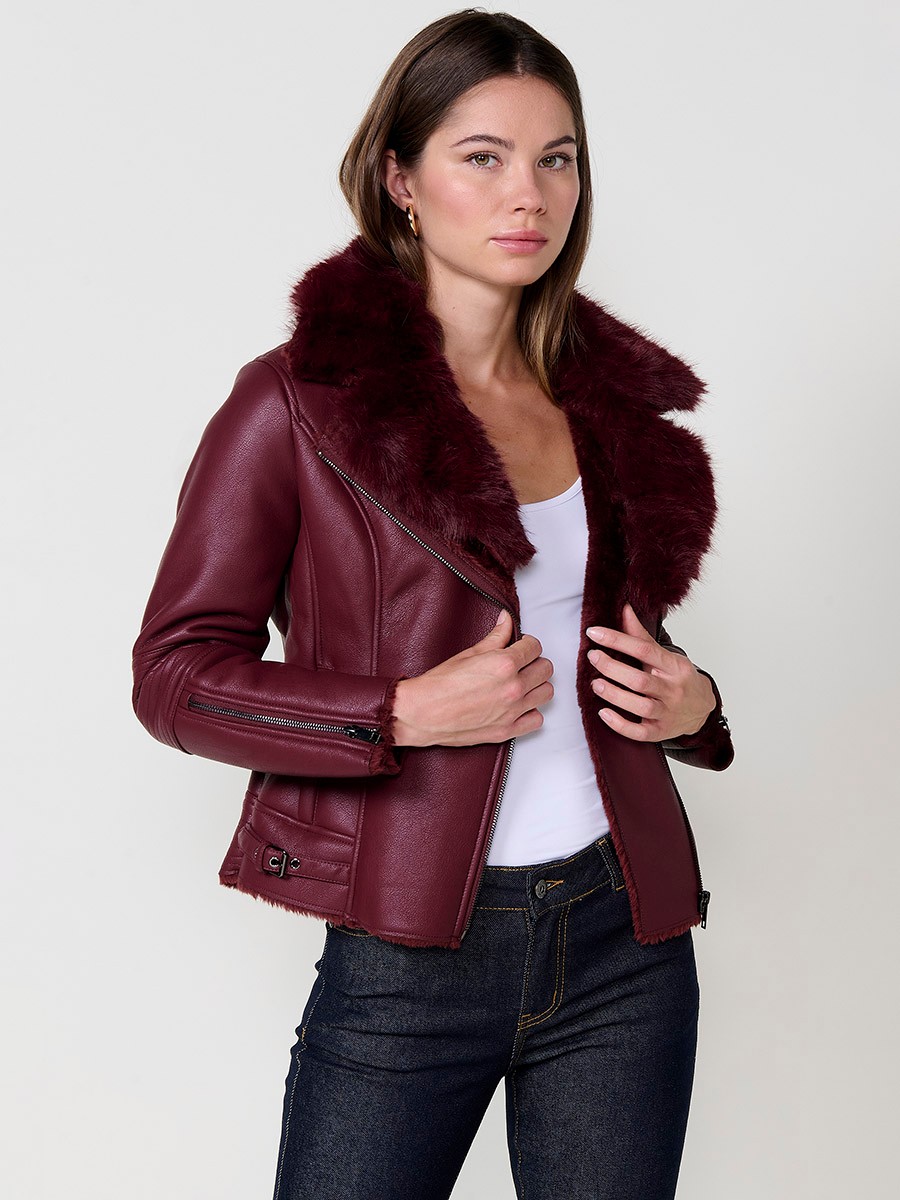 Women’s burgundy crossover jacket with detachable faux fur collar, versatile and elegant, made from 100% polyester.
