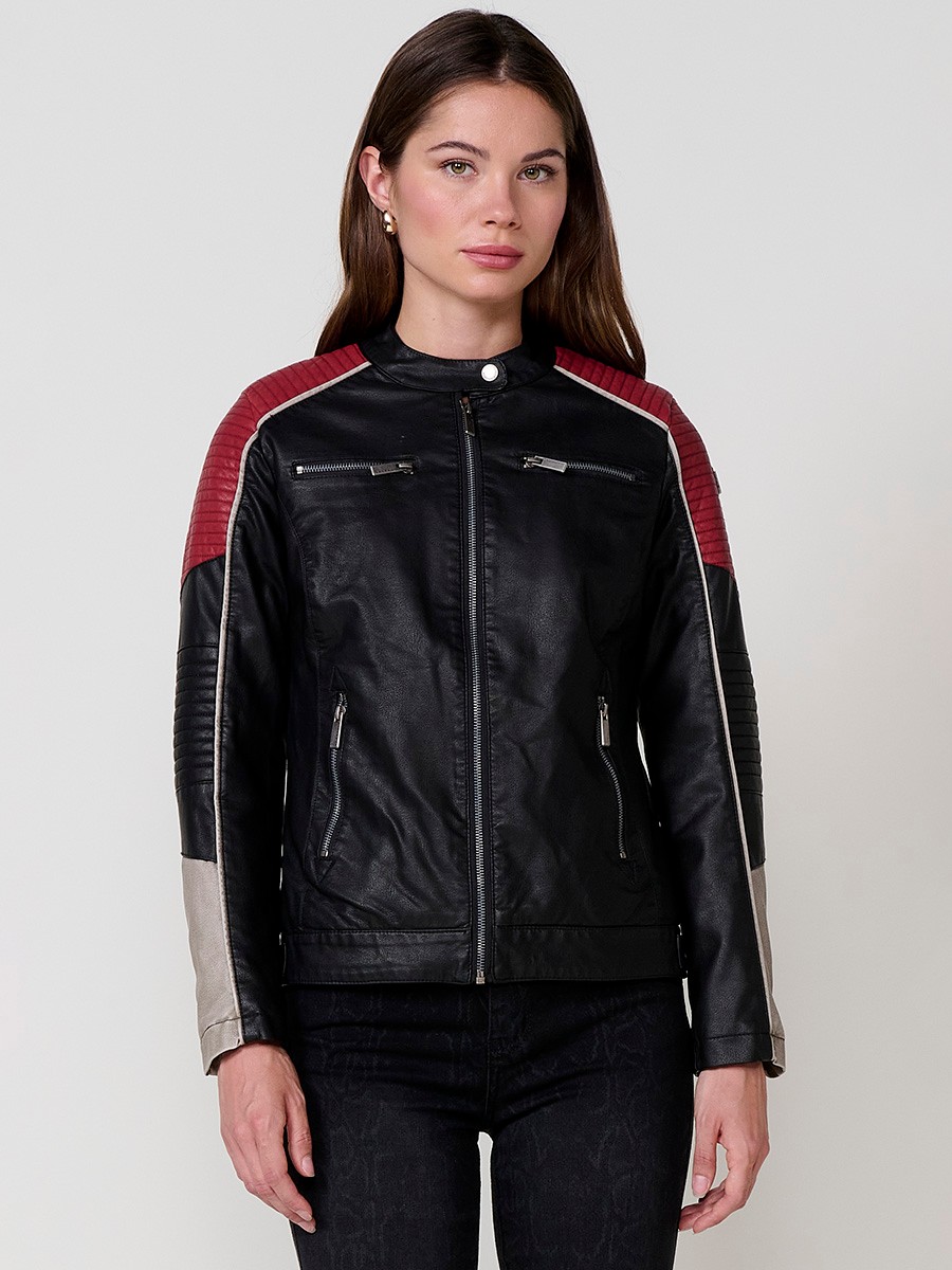 Women’s biker jacket in black faux leather with mao collar, contrast details, faux fur lining and metallic zippers.