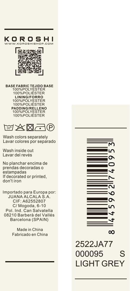 Chaqueta larga acolchada de mujer en color gris claro, con capucha de pelo y cierre delantero con cremallera.