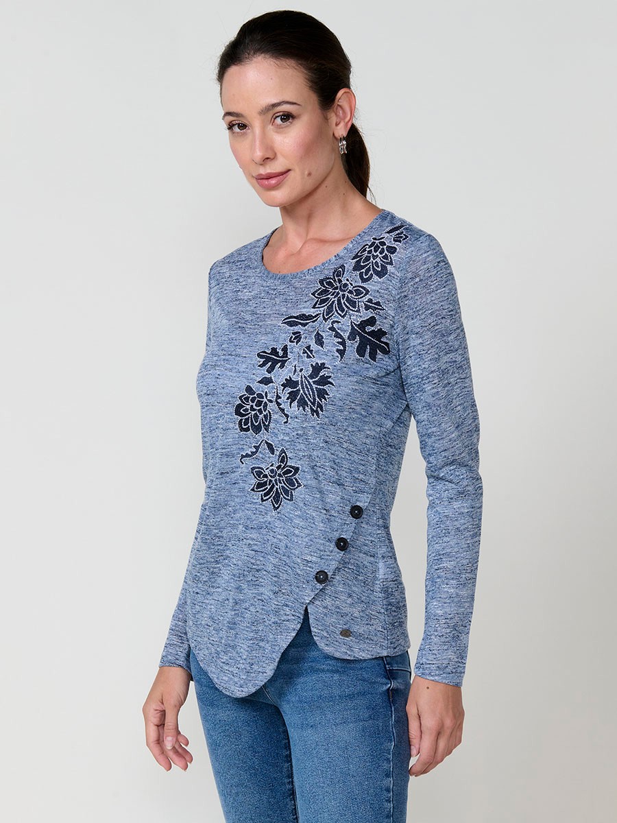 Navy women’s T-shirt in flame fabric with asymmetric hem, diagonal buttons and shiny embroidery.