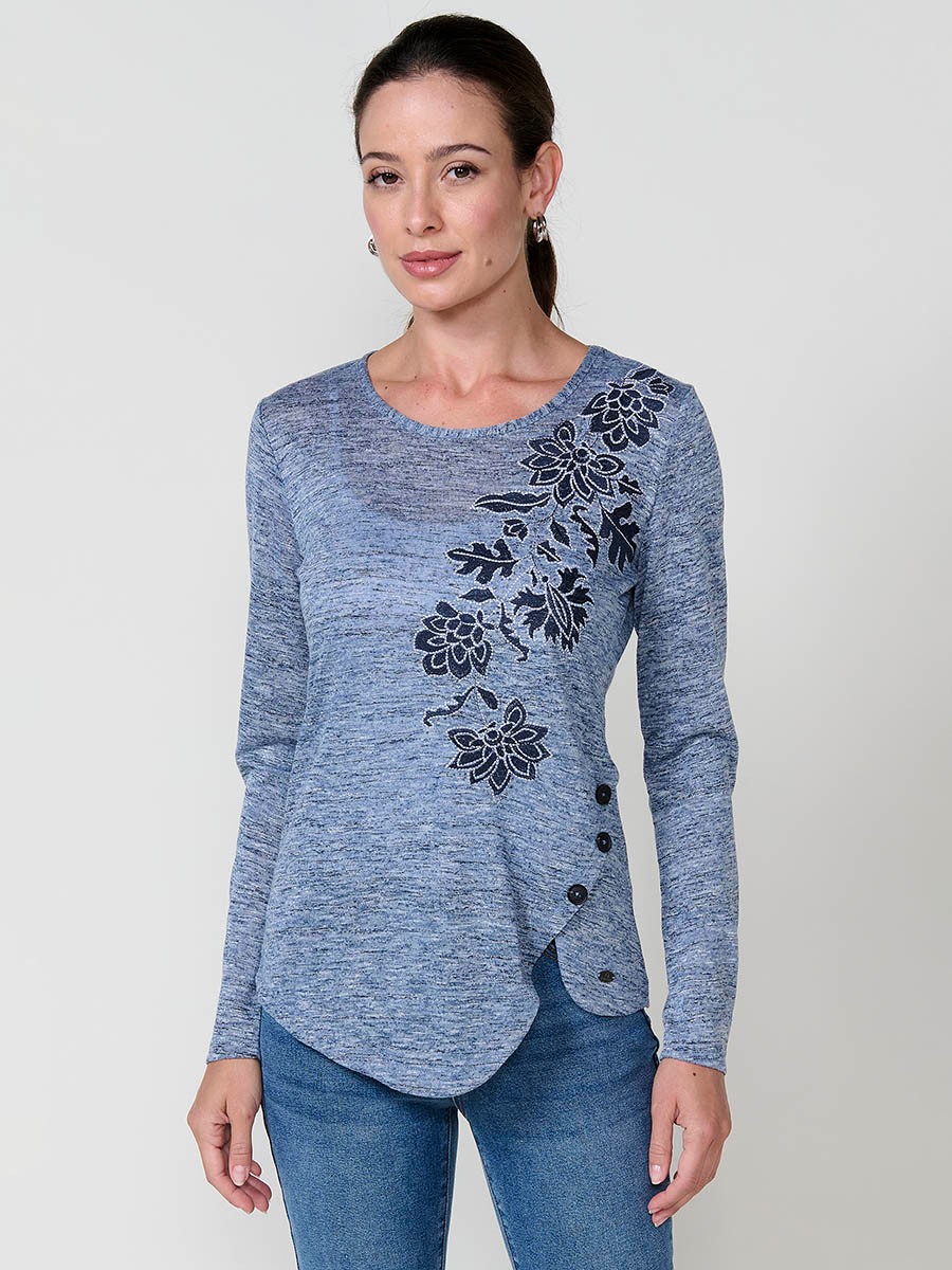 Navy women’s T-shirt in flame fabric with asymmetric hem, diagonal buttons and shiny embroidery.