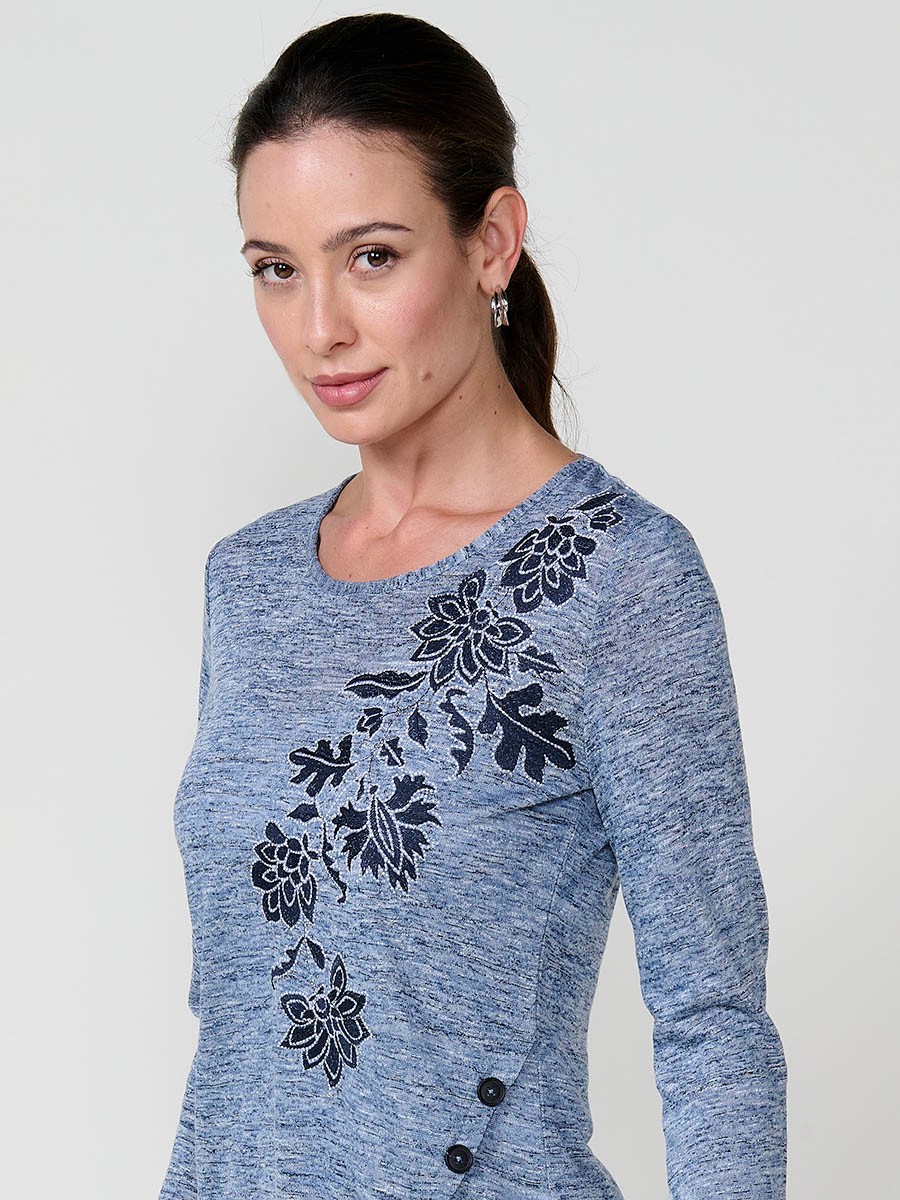 Navy women’s T-shirt in flame fabric with asymmetric hem, diagonal buttons and shiny embroidery.