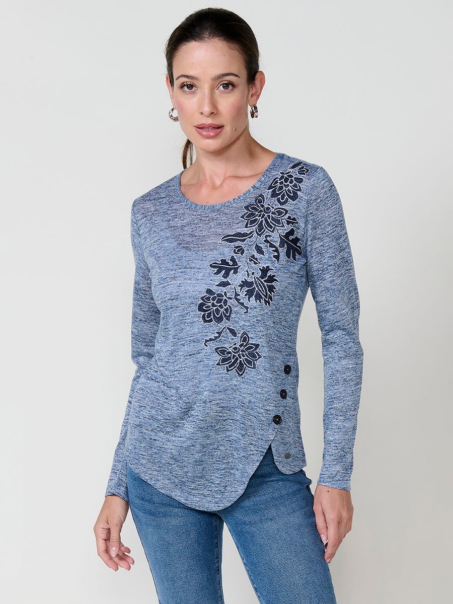 Navy women’s T-shirt in flame fabric with asymmetric hem, diagonal buttons and shiny embroidery.