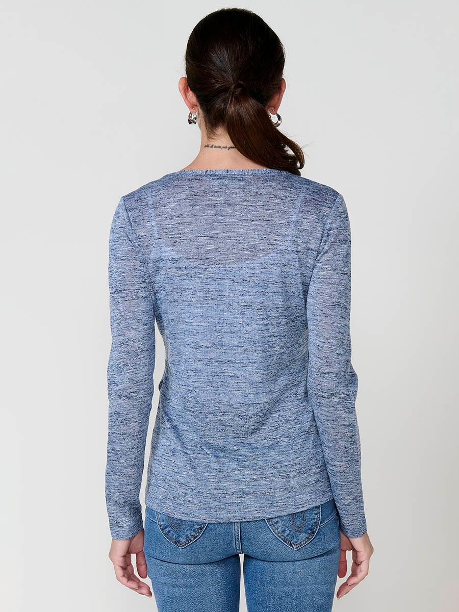 Navy women’s T-shirt in flame fabric with asymmetric hem, diagonal buttons and shiny embroidery.