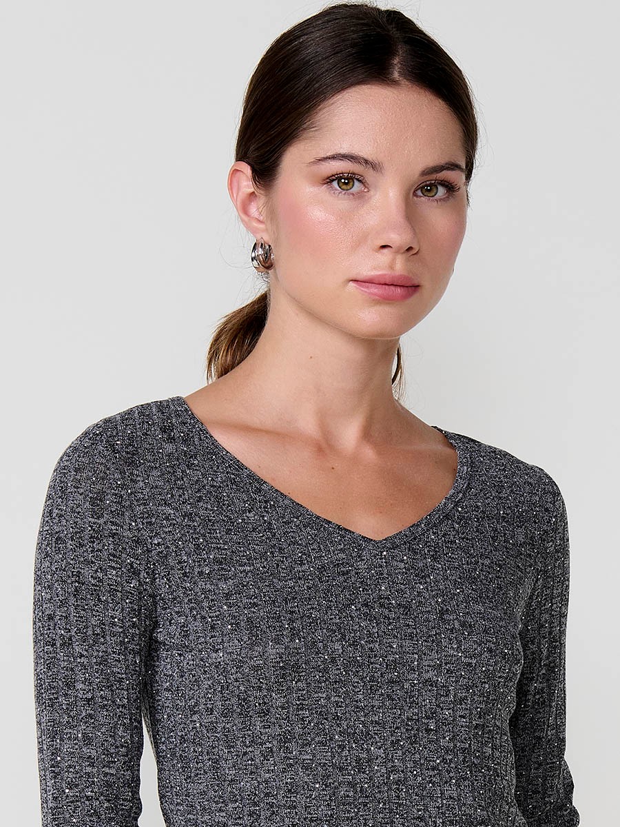 Women’s ribbed melange-effect long sleeve T-shirt with V-neck and shiny front details.