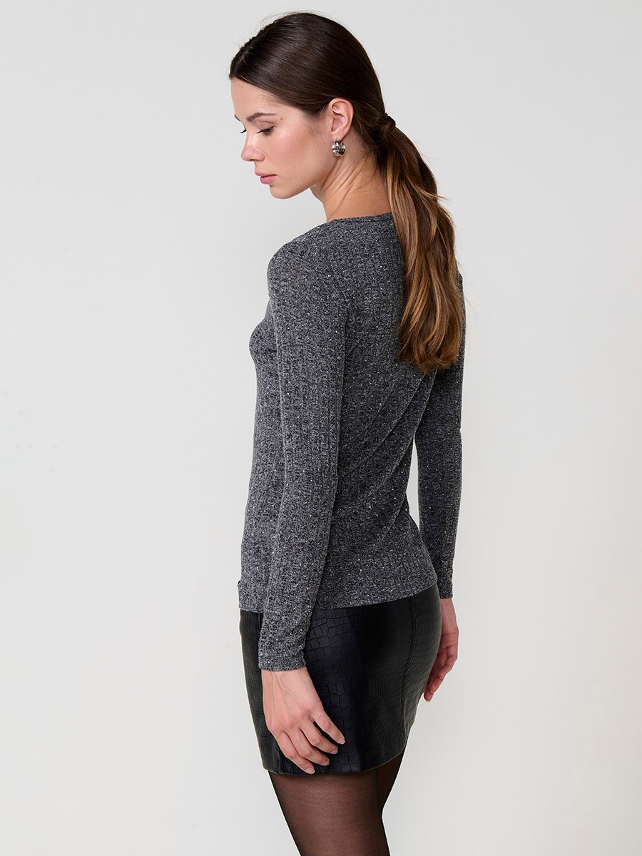 Women’s ribbed melange-effect long sleeve T-shirt with V-neck and shiny front details.