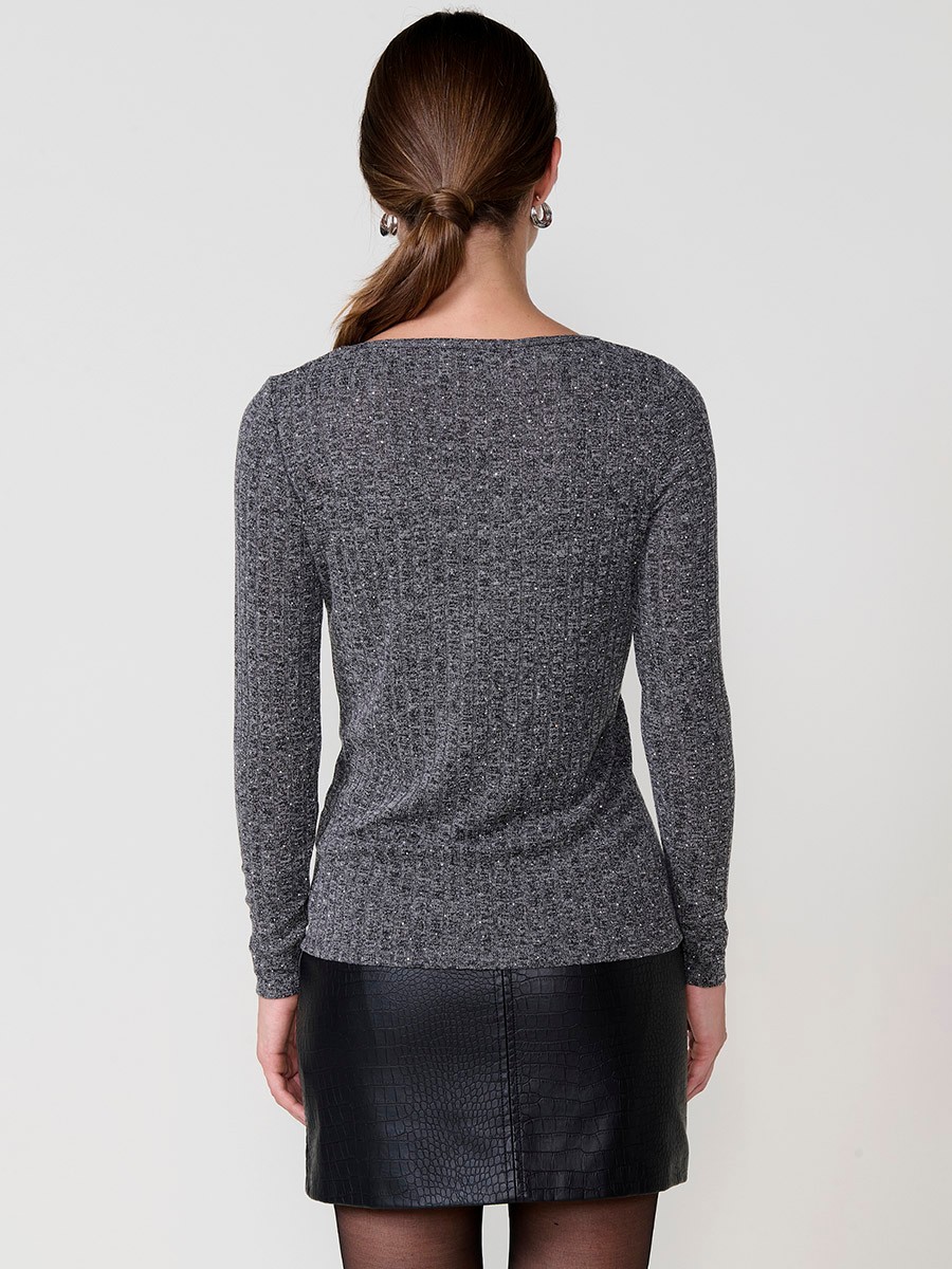 Women’s ribbed melange-effect long sleeve T-shirt with V-neck and shiny front details.