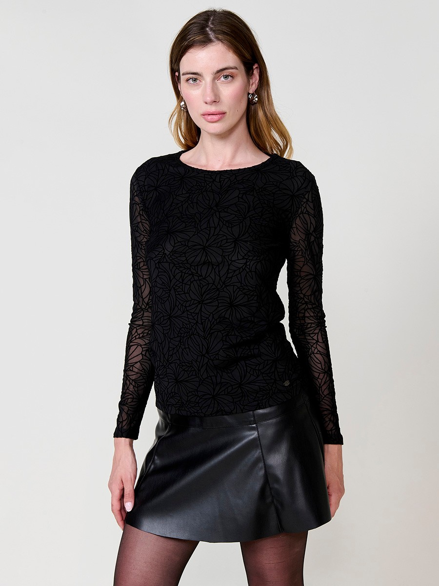 Women’s semi-sheer stretch mesh top with floral velvet-effect print and body lining.