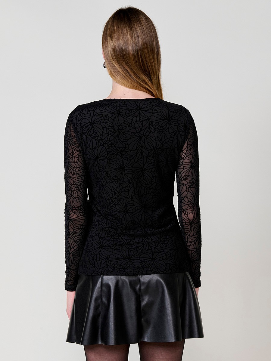 Women’s semi-sheer stretch mesh top with floral velvet-effect print and body lining.