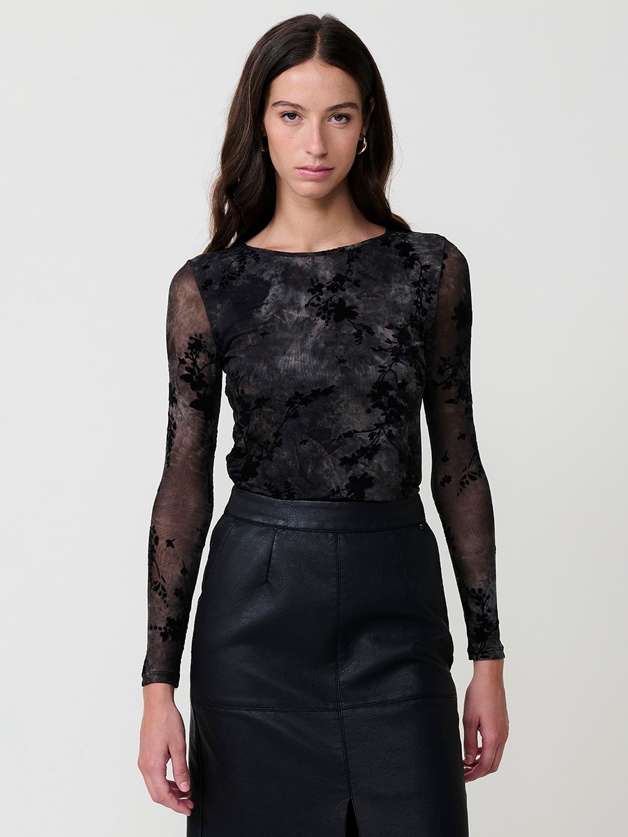 Women’s long sleeve mesh top with tie-dye floral velvet-effect print, semi-sheer stretch fabric and body lining.