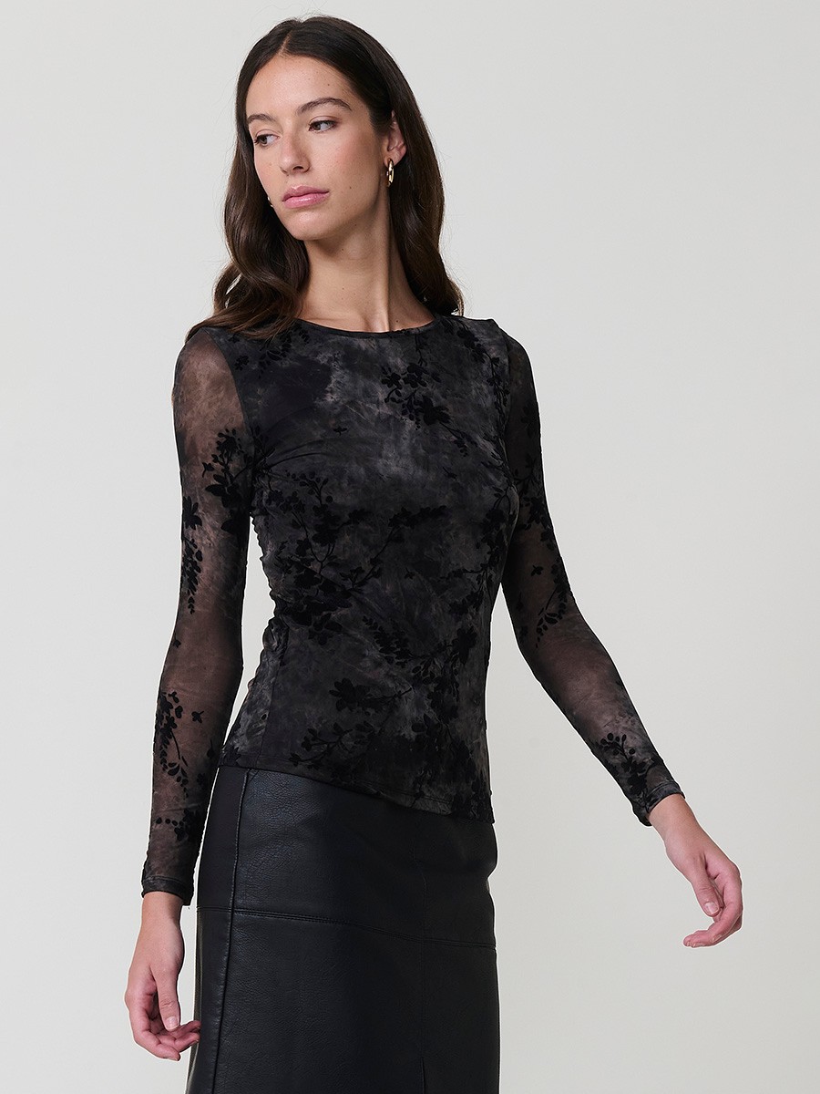 Women’s long sleeve mesh top with tie-dye floral velvet-effect print, semi-sheer stretch fabric and body lining.