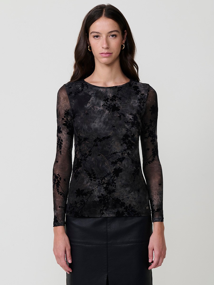 Women’s long sleeve mesh top with tie-dye floral velvet-effect print, semi-sheer stretch fabric and body lining.