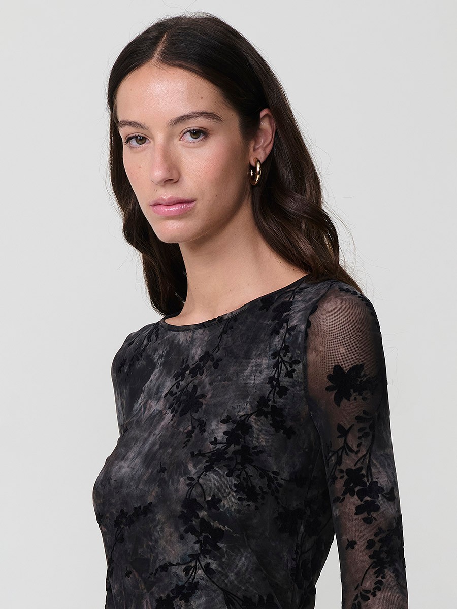 Women’s long sleeve mesh top with tie-dye floral velvet-effect print, semi-sheer stretch fabric and body lining.