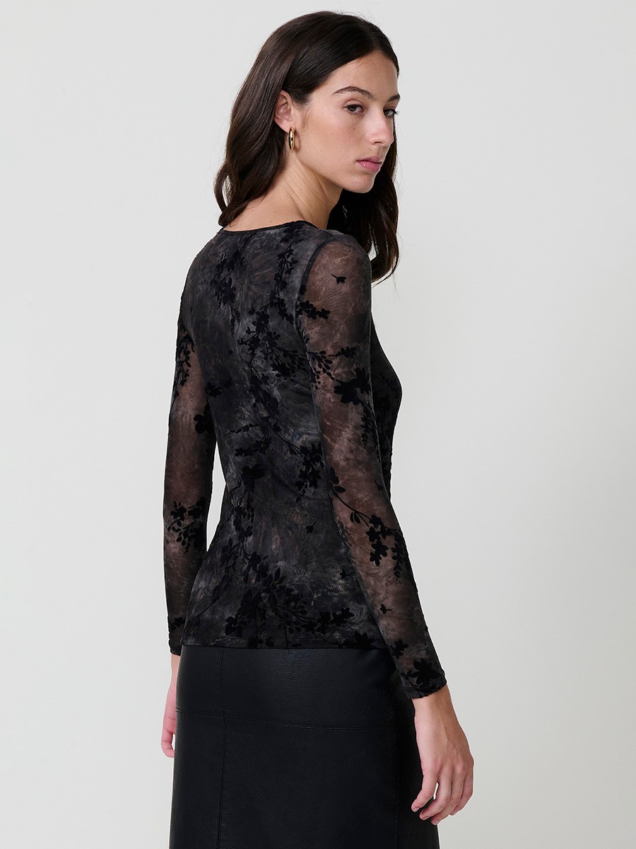Women’s long sleeve mesh top with tie-dye floral velvet-effect print, semi-sheer stretch fabric and body lining.