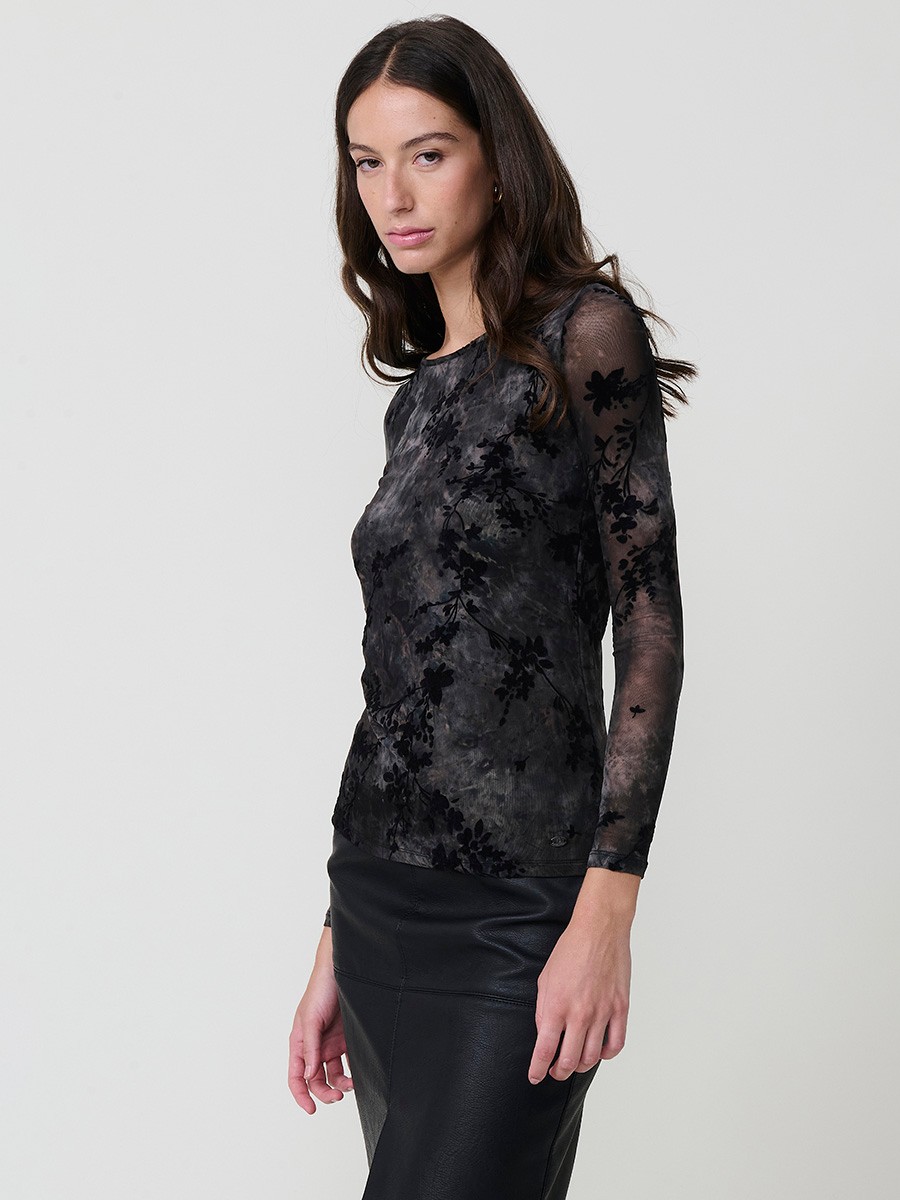 Women’s long sleeve mesh top with tie-dye floral velvet-effect print, semi-sheer stretch fabric and body lining.