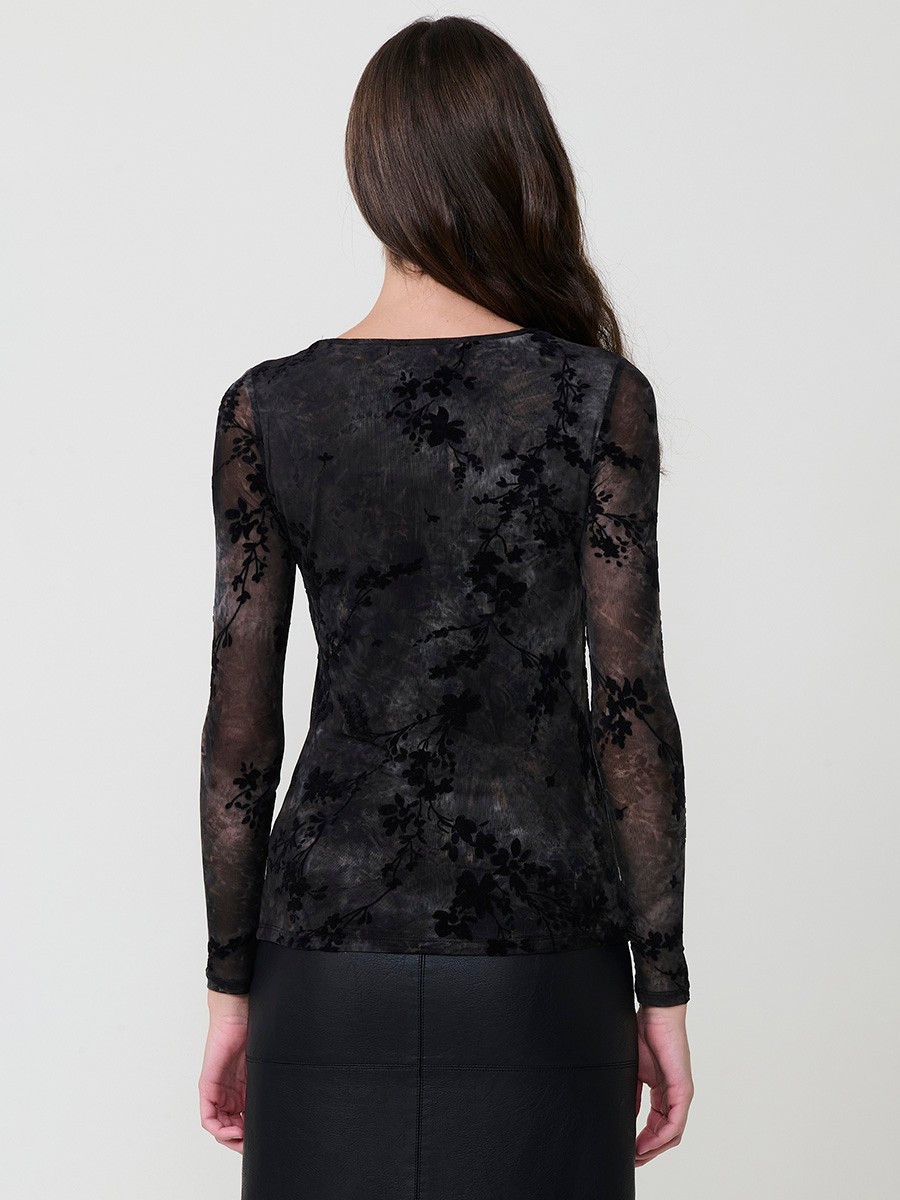 Women’s long sleeve mesh top with tie-dye floral velvet-effect print, semi-sheer stretch fabric and body lining.