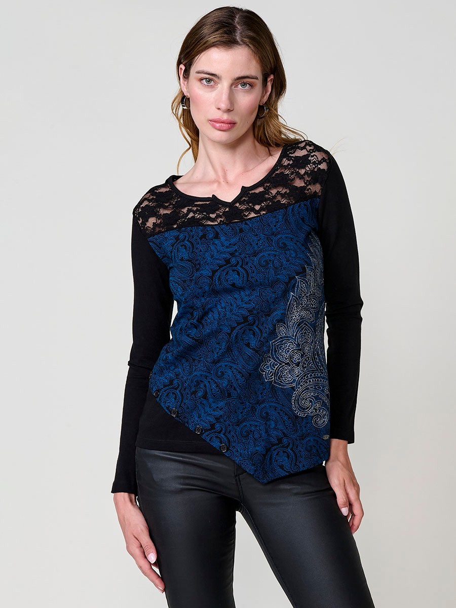 Camiseta azul de manga larga de Algodón bicolor con encaje y estampado cachemira para mujer