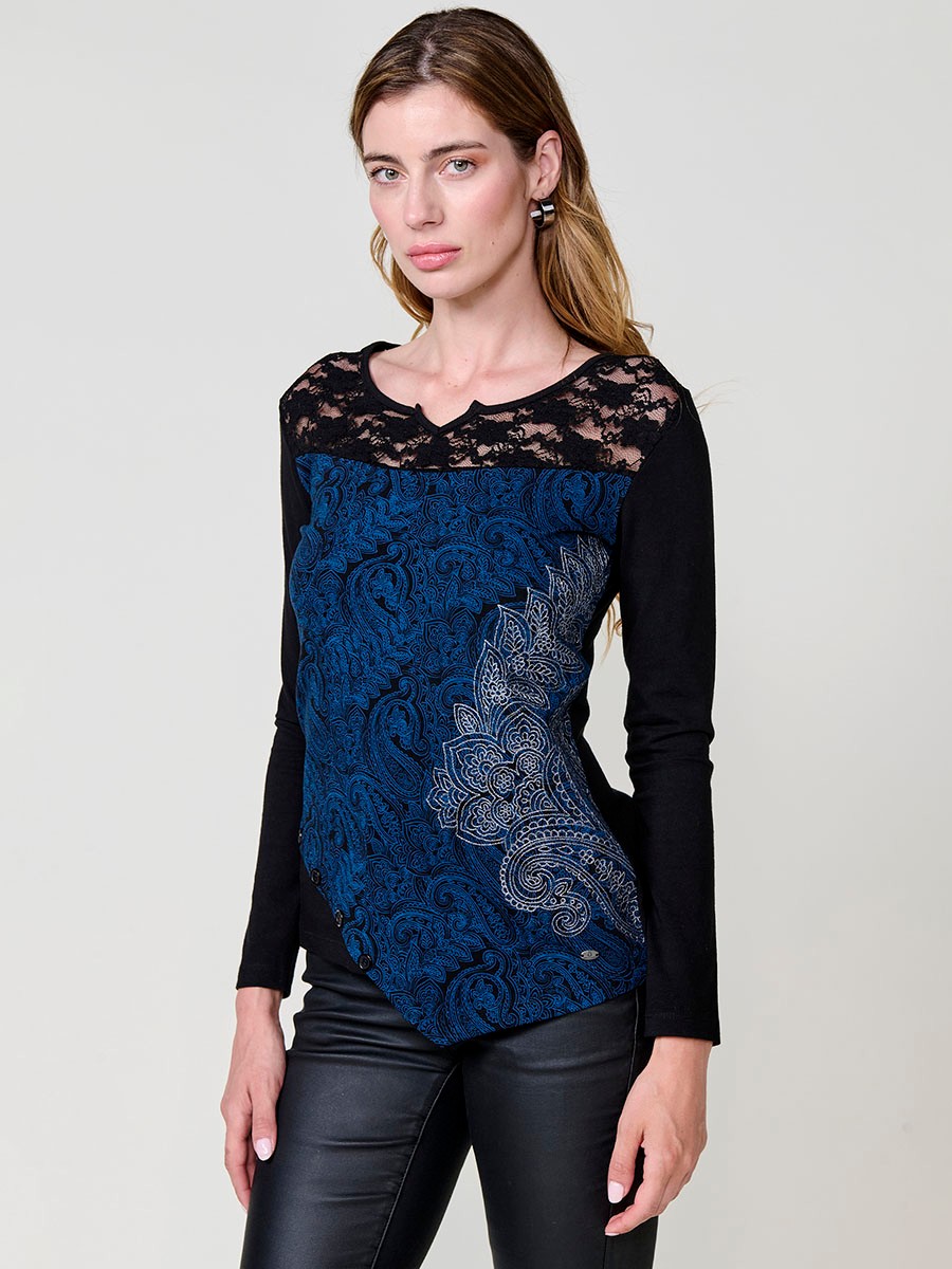 Camiseta azul de manga larga de Algodón bicolor con encaje y estampado cachemira para mujer