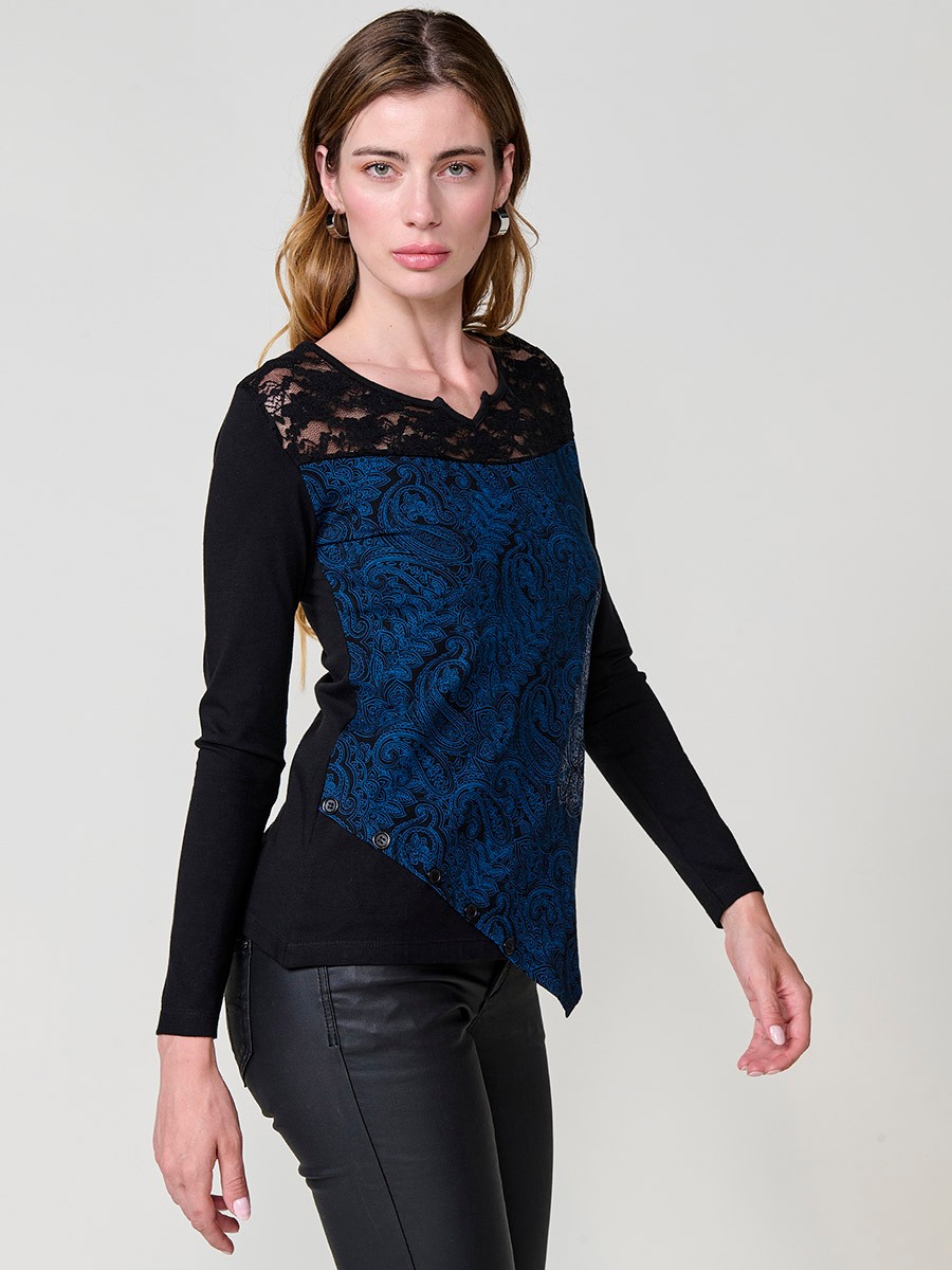 Camiseta azul de manga larga de Algodón bicolor con encaje y estampado cachemira para mujer