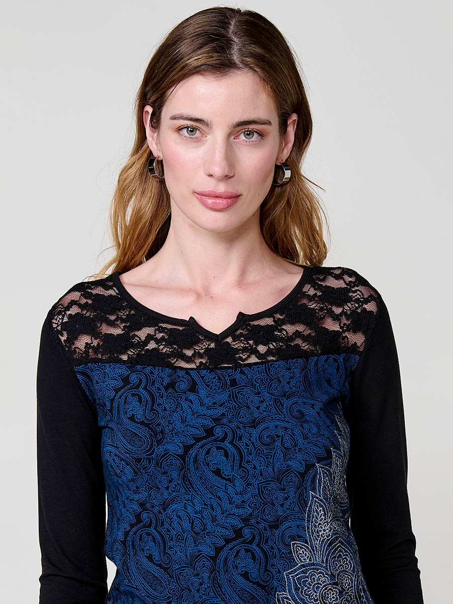 Camiseta azul de manga larga de Algodón bicolor con encaje y estampado cachemira para mujer
