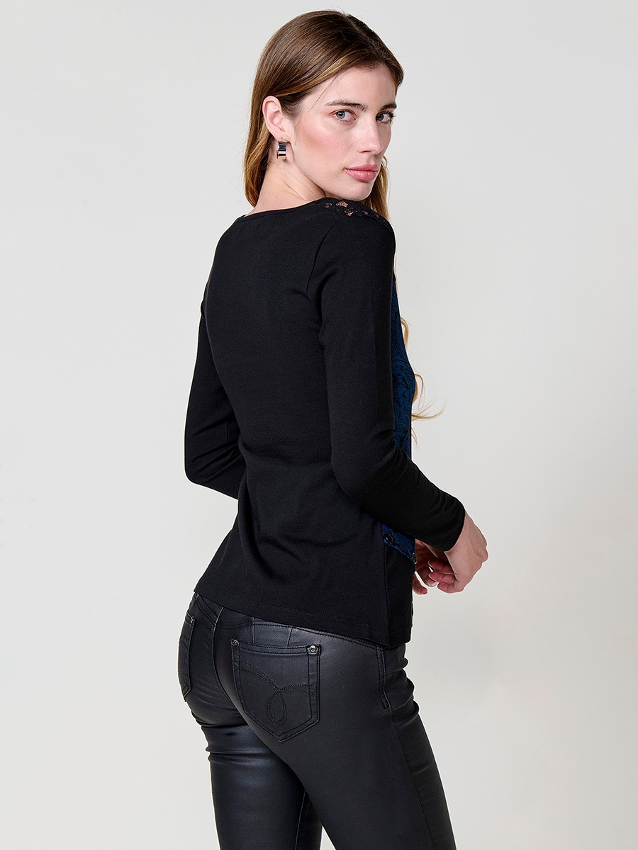 Camiseta azul de manga larga de Algodón bicolor con encaje y estampado cachemira para mujer