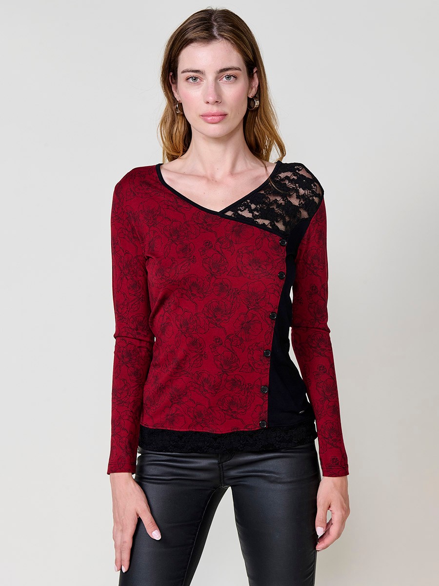 Camiseta granate mujer manga larga con blonda y estampado floral