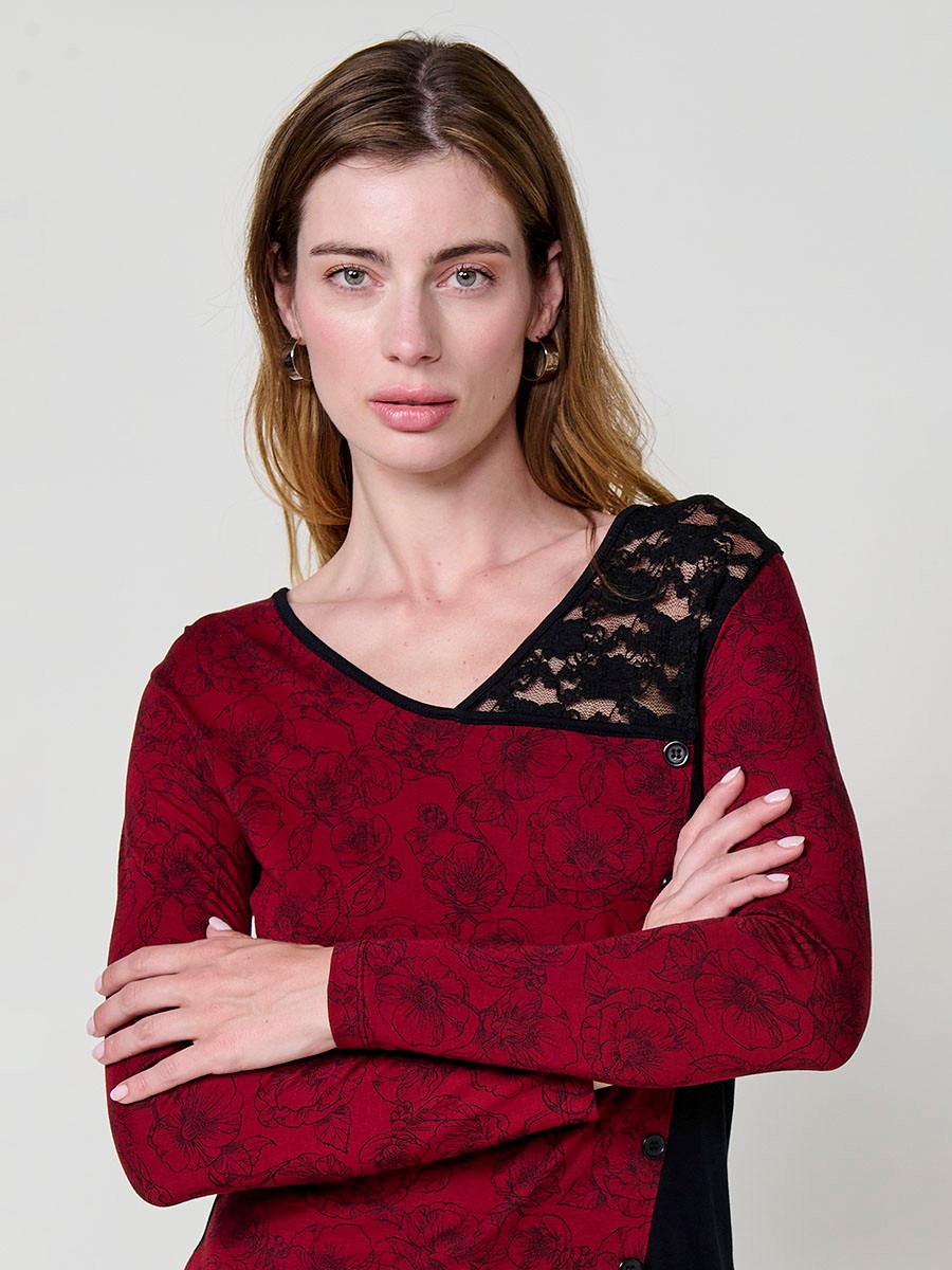 Camiseta granate mujer manga larga con blonda y estampado floral 1
