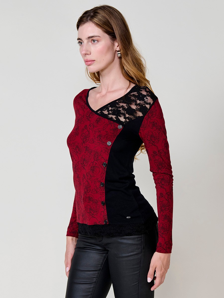 Camiseta granate mujer manga larga con blonda y estampado floral 6